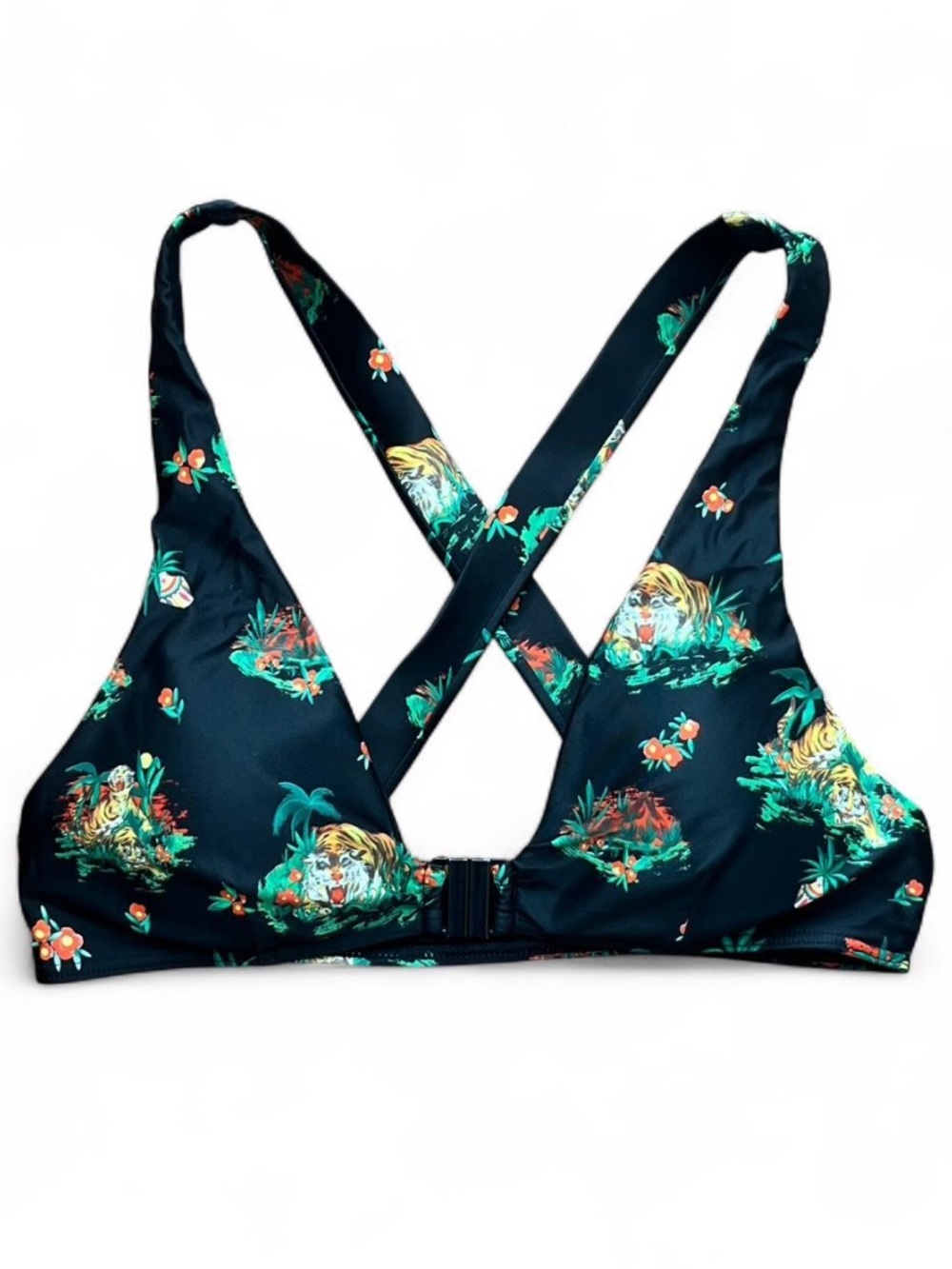 RVCA Black Tropical Tiger Print Front Closure Bikini Top